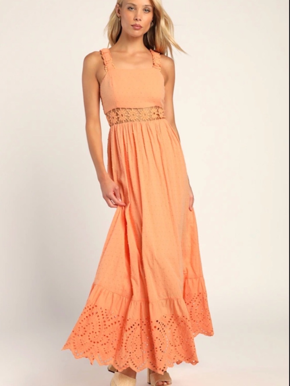 NWT Lulus Simply Effortless Peach Sleeveless Lace Swiss Dot Maxi Dress XL Summer